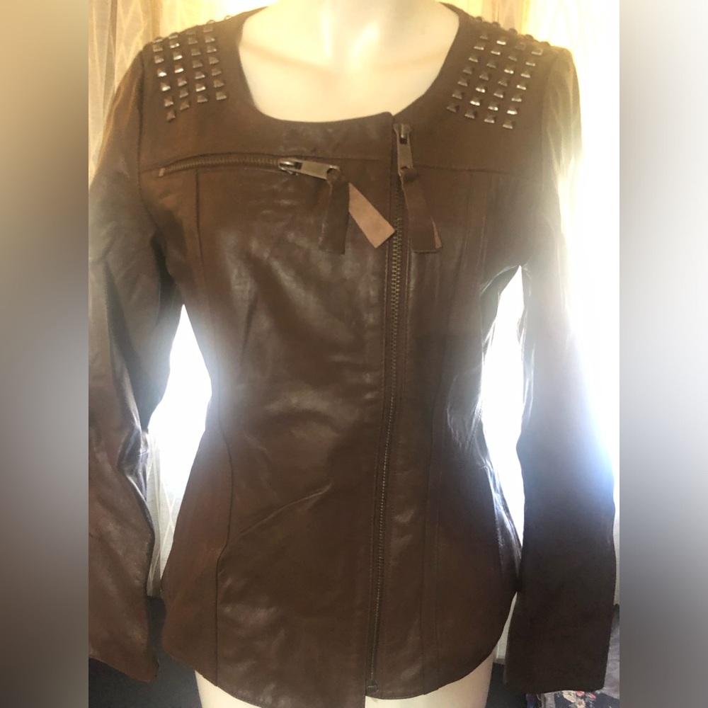CACHE LEATHER STUDDED JACKET chocolate coffee brown